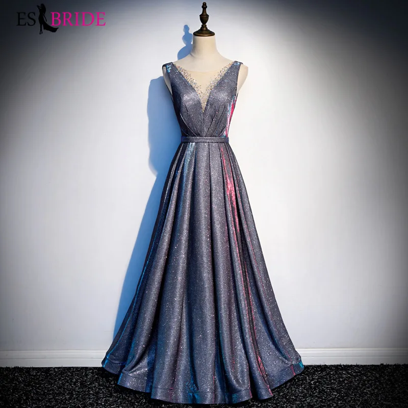 

Royal Blue Lace Long Evening Dresses 2019 V-neck Sleeveless Backless Sexy Prom Gowns Shiny Sequins Vestido De Festa ES1197