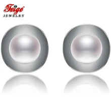 Круглые серьги-гвоздики из чистого 925 пробы серебра для женщин, вечерние ювелирные изделия, подарки 7-8 мм, белая серьга из натурального пресноводного жемчуга FEIGE