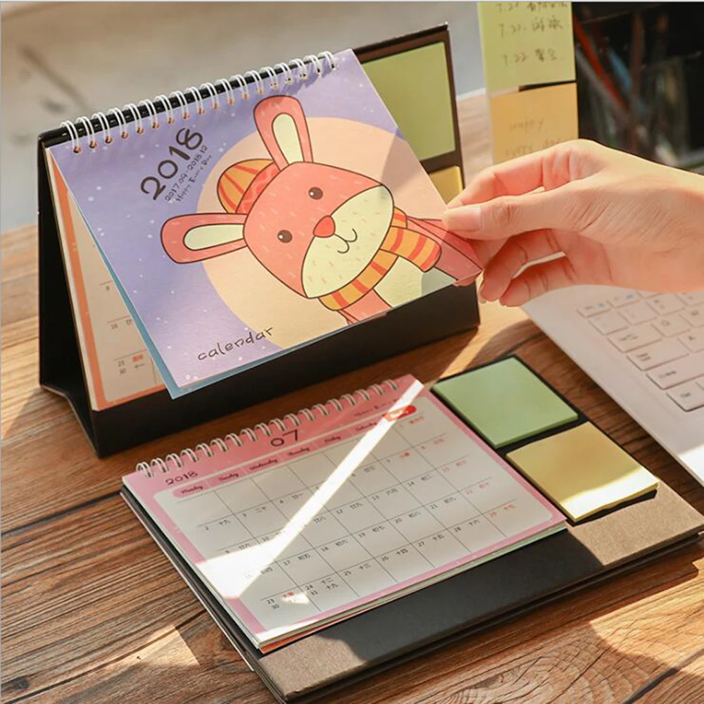 Cartoon Kawaii 2018 Desk Calendar With Self-adhesive Memo Pads 9/2017-12/2018 Cute Calendar Agenda Book Daily Schedule Journals time schedule memo pads 60sheets