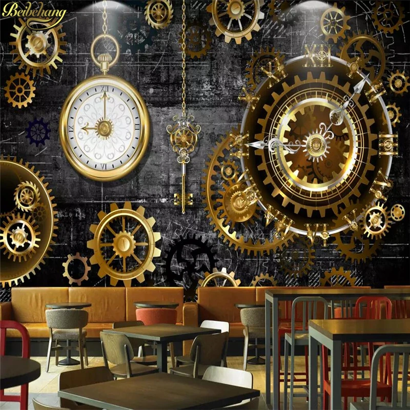 beibehang Custom wallpaper mural 3D stereo European and American industrial wind gold gear clock mural wall papel de parede 10 wooden decorative wall clock