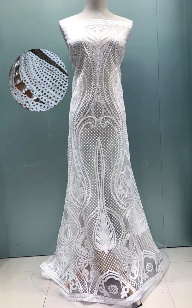 

Free shipping (5yards/pc) pure white African sequins net lacef abric newest design French lace fabric for shining dress FNS112