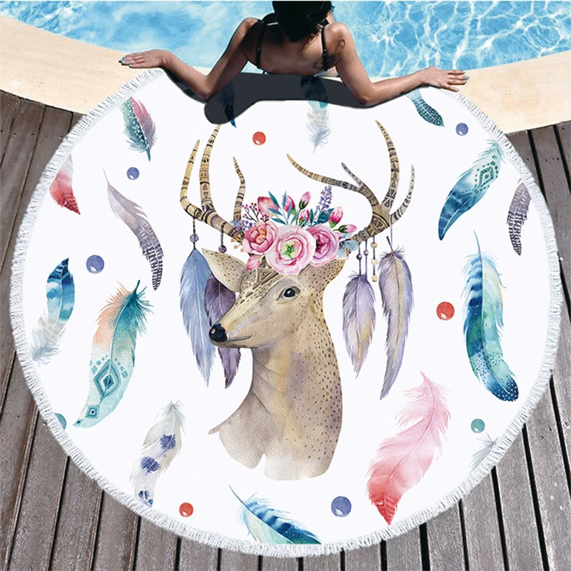  Round Beach Towel 150CM Flamingo Microfiber Round Large Beach Towel Blanket with Tassel Bohemian Pi