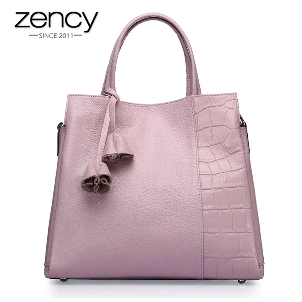 

Zency 100% Real Cow Leather Black Tote Handbag Flower Decoration Fashion Lady Shoulder Bag Elegant Crossbody Purse