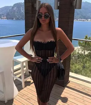 

Newest Sexy Strapless Mesh Black Women Summer Dress 2019 Elegant Designer Party Dress
