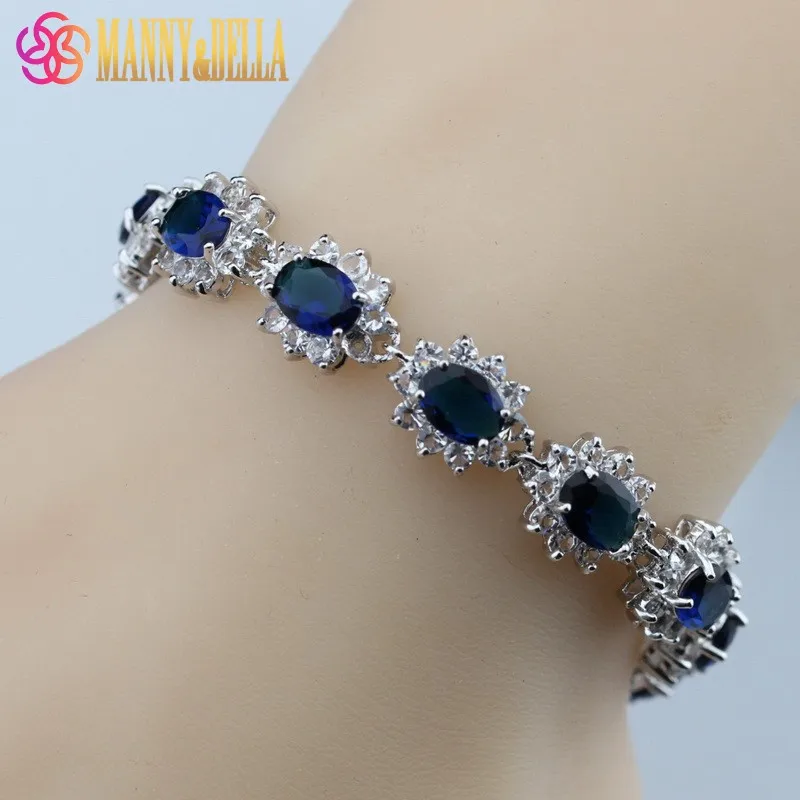 

Dazzling Blue Zircon 925-Sterling-Silver Women Jewelry Overlay Chain Link Bracelet Free Gift Box SL42