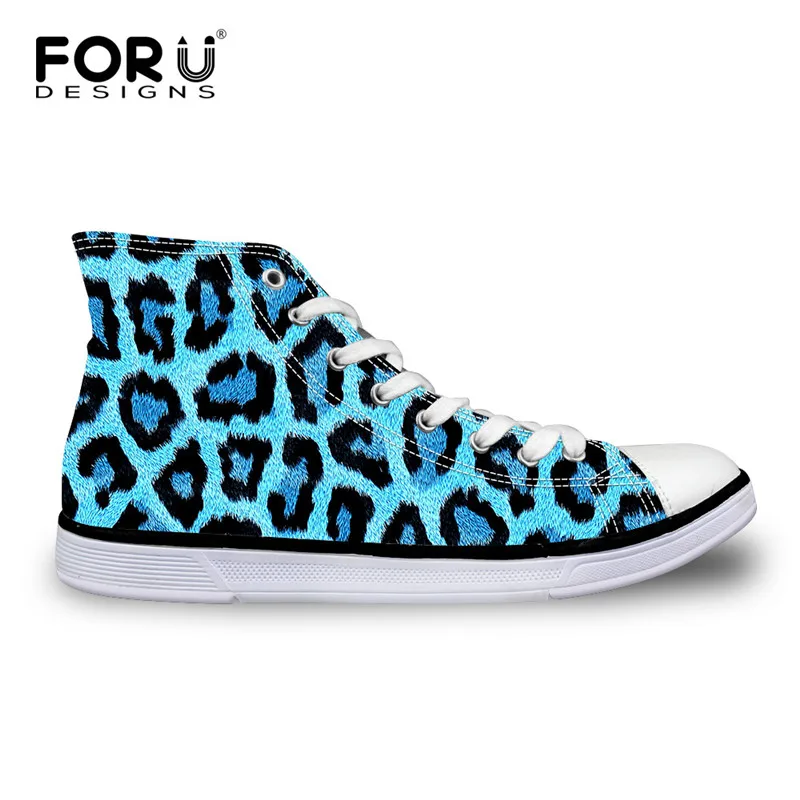 

FORUDESIGNS Casual Women's Canvas Shoes High Top Lace-up Vulcanized Shoes Fashion Leopard Printed Flat Shoes For Ladies Girls