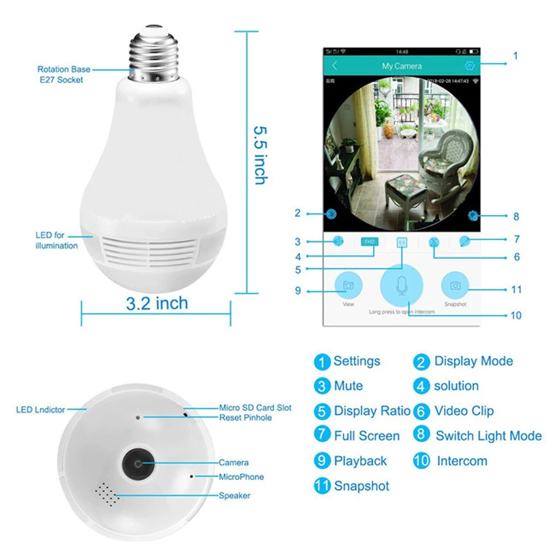 Беспроводная ip камера HD 2.0MP 360 ° лампа рыбий глаз Wi Fi для мобильного телефона