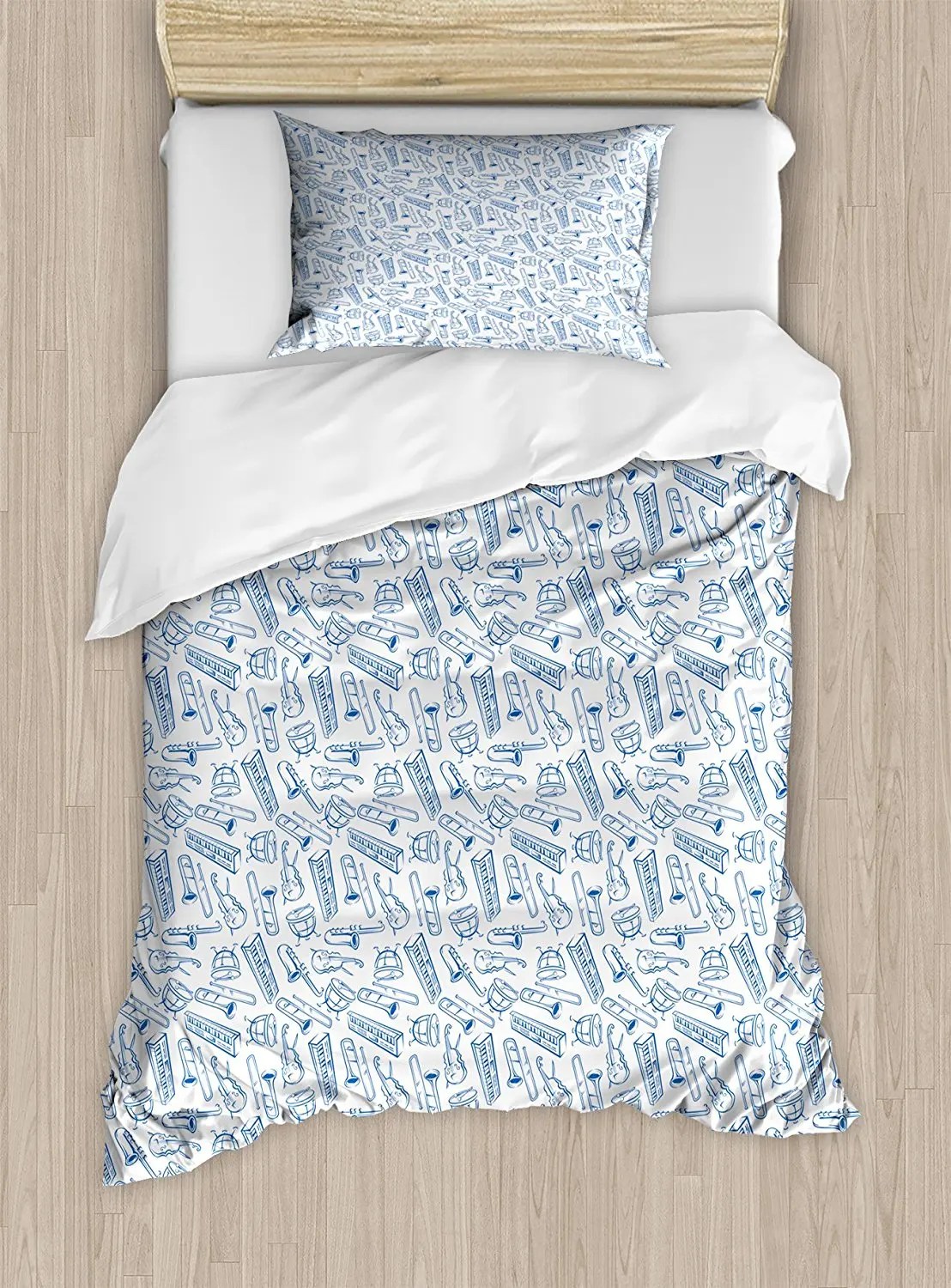 Jazz Music Duvet Cover Set Pattern of Blue Sketchy Saxophones Trombones Timpani Drums Cellos Synthesizers 4 Piece Bedding | Дом и сад
