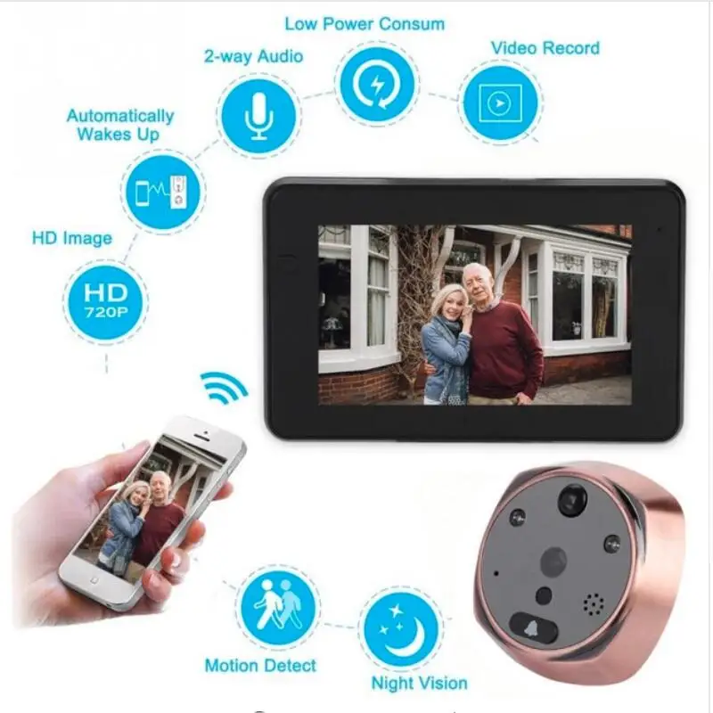 

4.3 Inch Monitor Wifi Smart Peephole Video Doorbell HD720P Camera NightVision PIR Motion Detection APP Control For IOS Andriod