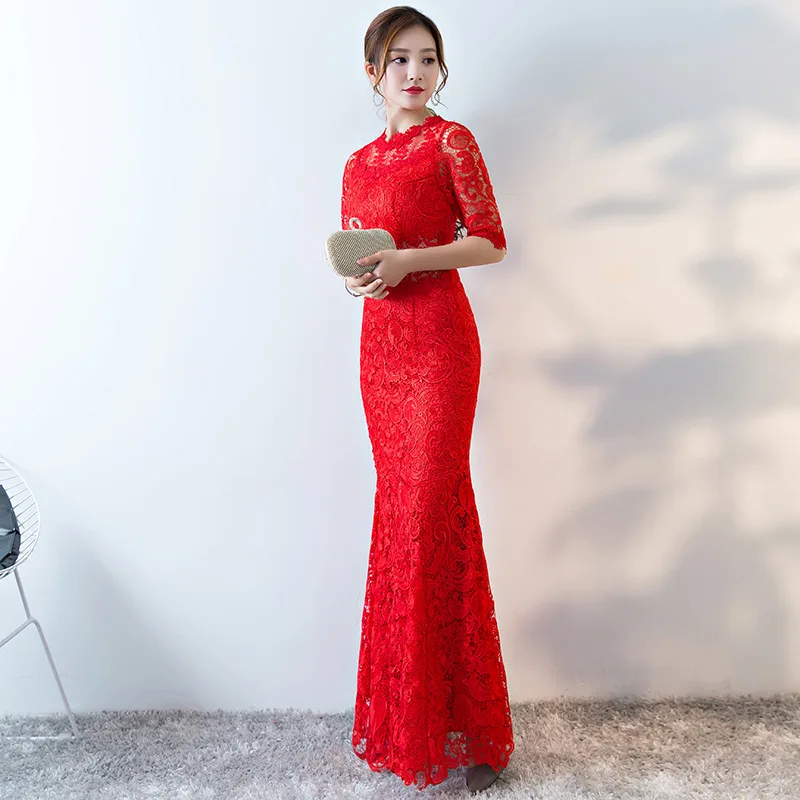 

2017 Bride Traditional Chinese Wedding Cheongsam Lace Long Qipao Dress Red Mermaid Sexy Qi Pao Oriental Clothing Store