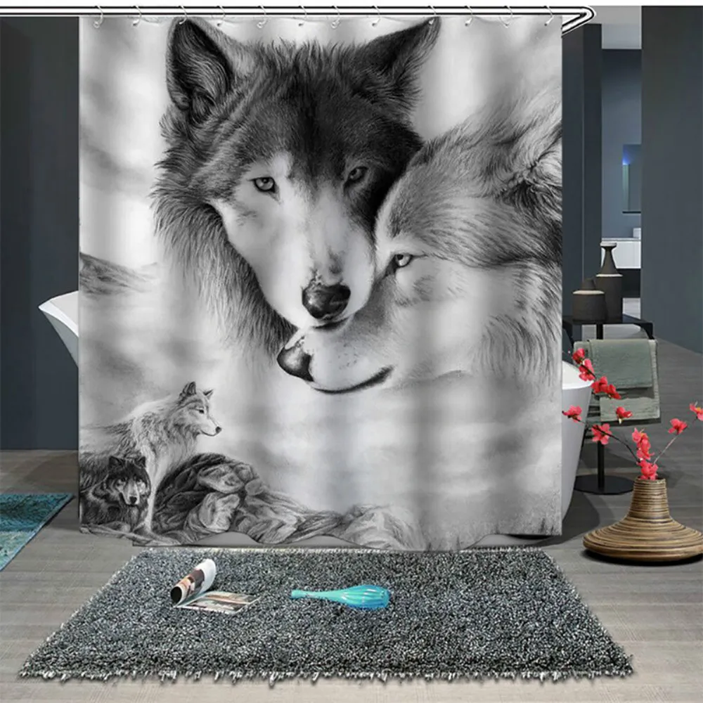 

Cilected Couple Wolf Print Waterproof Shower Curtain Polyester Lion Zebra Elk Bathroom Curtain Hanging Cloth With 12 Hooks