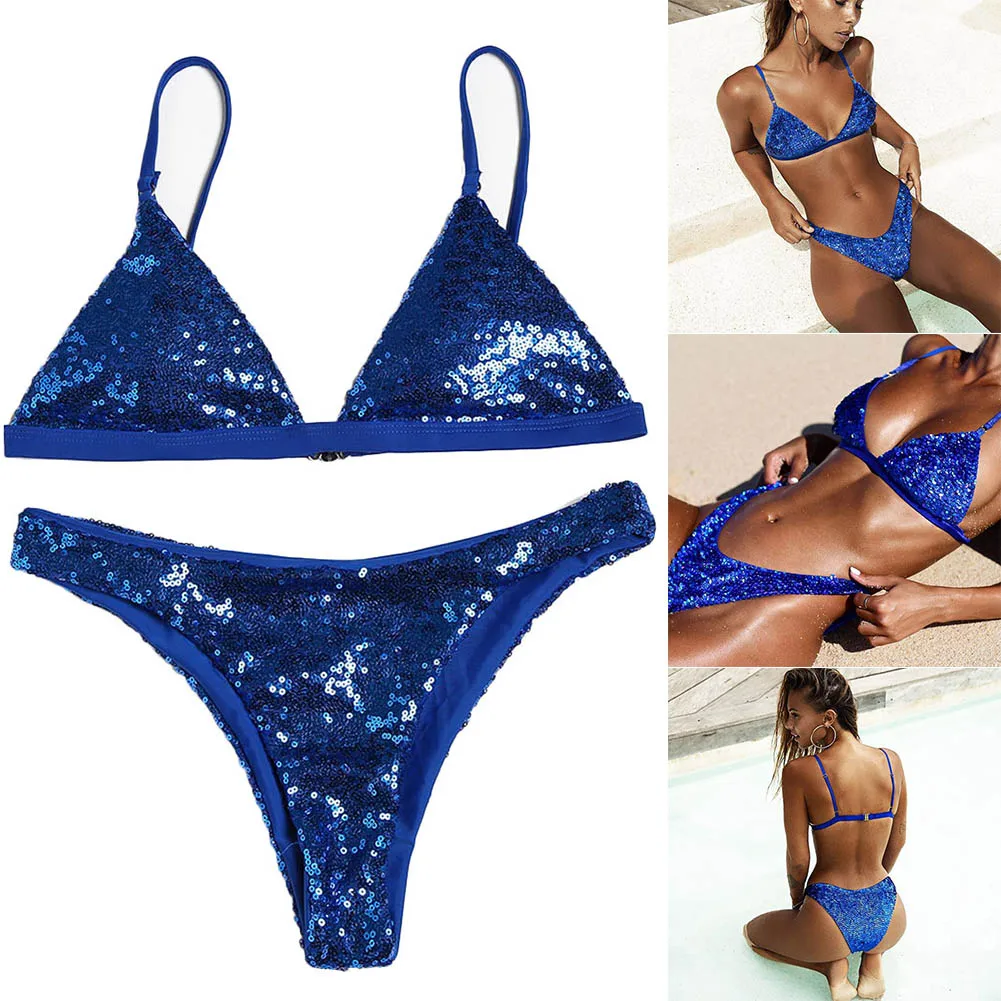 

Newly Women Split Swimwear Set Solid Color Sequins Bikini Briefs Swimsuits for Summer BFE88