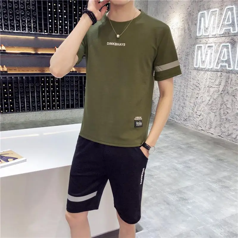 Летний мужской костюм для досуга с короткими рукавами, Корейская версия самоусадочной студенческой футболки с круглым воротником, шорты для мужчин, spo - Цвет: 5