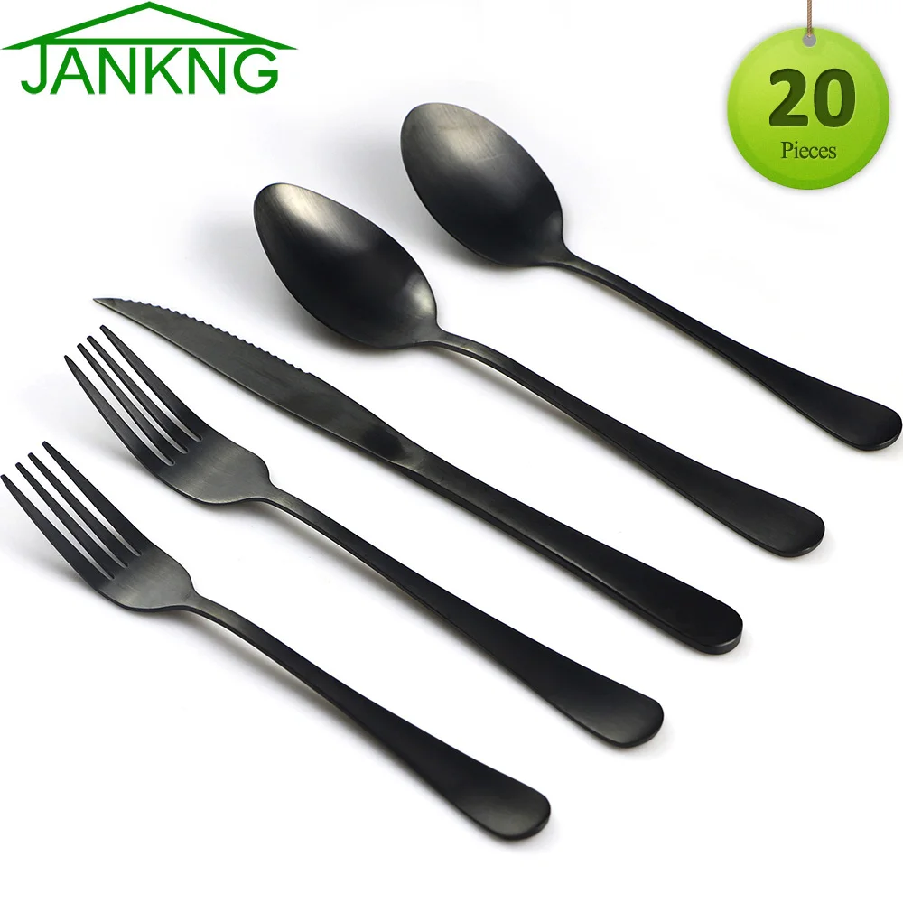 JANKNG 20 Pcs Luxury Matte Black Dinnerware Set Stainless Steel Cutlery