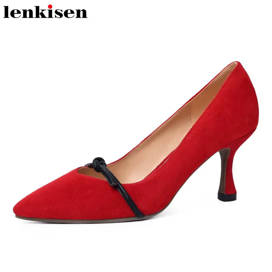 

Lenkisen spring and summer new arrival kid suede slip on pointed toe thin med heels wedding party office lady women pumps L559