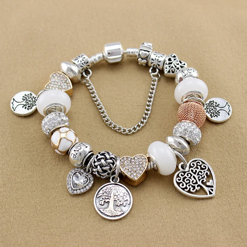 YILIANFEI The Tree of Life Pendant Loving Heart White Crystal Glass Beads Charm Bracelets Bangles For