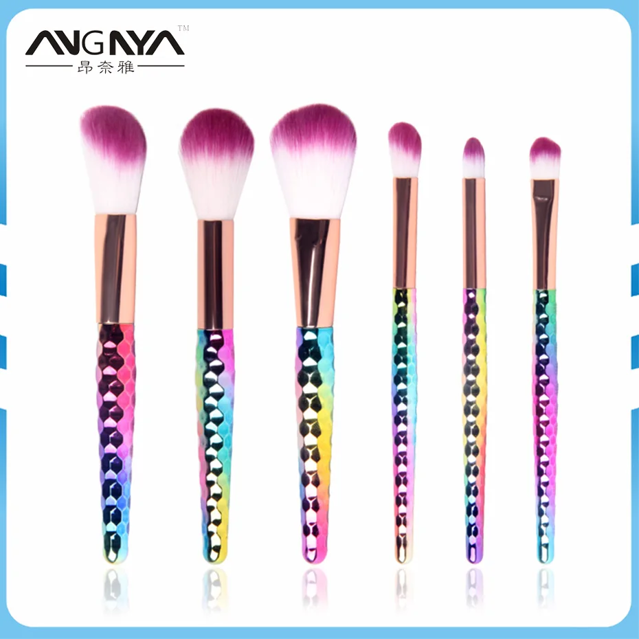 

Professional ANGNYA 6Pcs Makeup Brushes Set Blending Eyeshadow Cosmetic Brushes Rainbow Rose Gold Color Foundation Powder