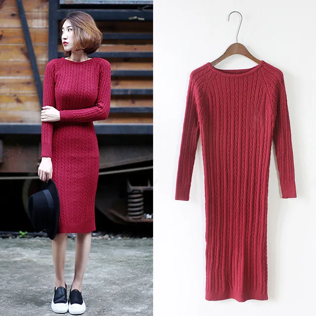 Осень Зима Свитер Dress Красное вино Серый Lemon Зеленый Черный С Длинным Рукавом Midi