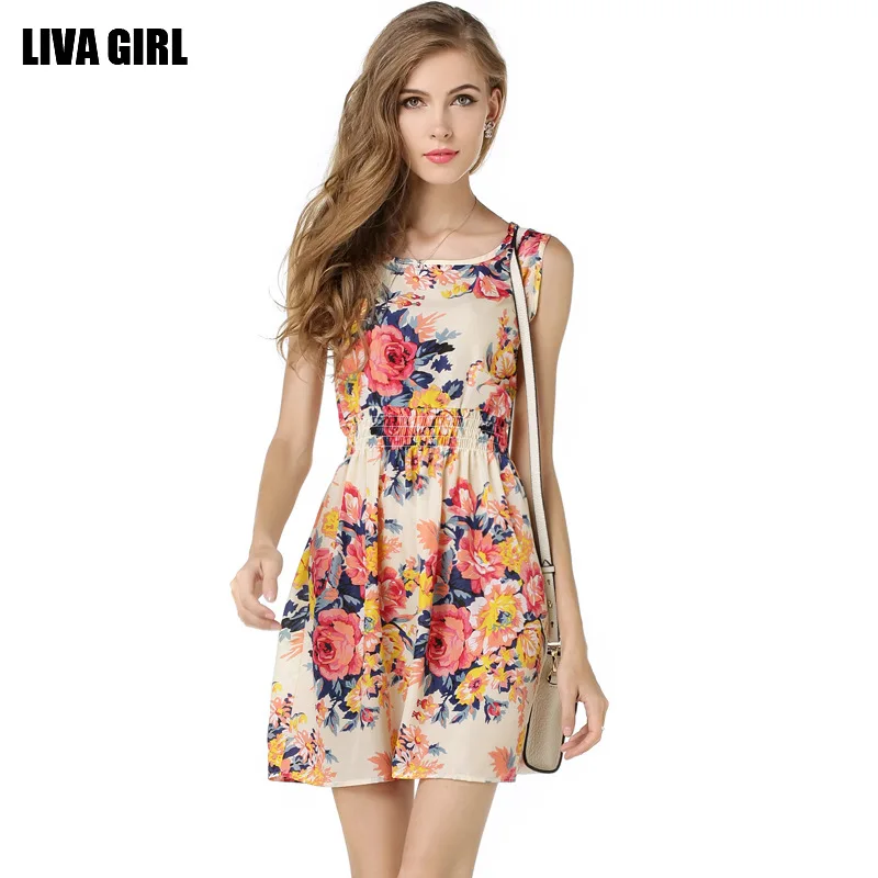

LIVA Women Summer Dress 2018 Fashion Boho New Apricot Sleeveless O-Neck Florals Print Pleated Party Club-wear Formal Dress