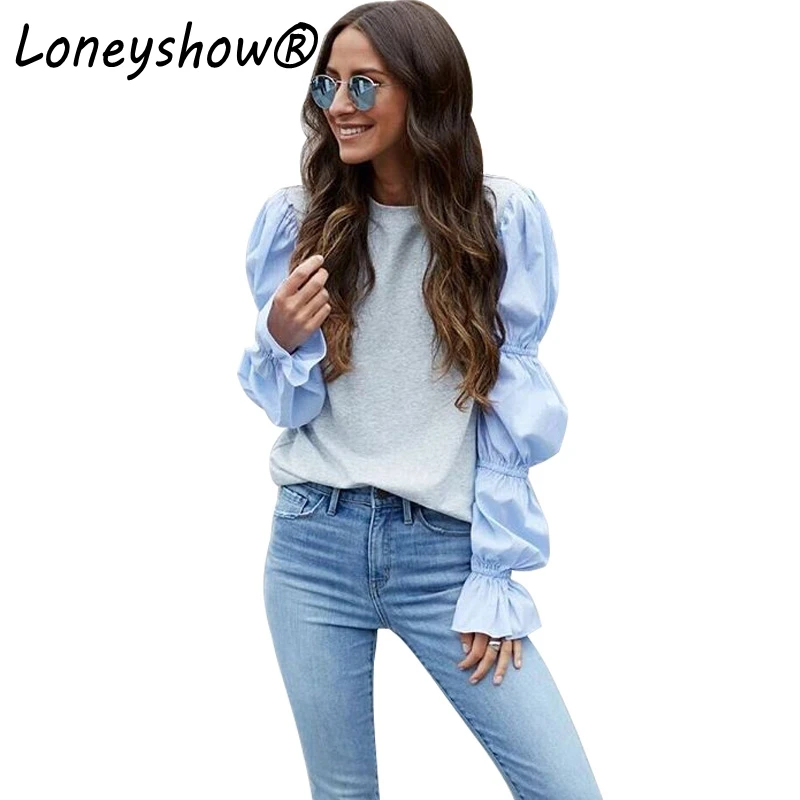 Loneyshow 2017 New Autumn Women Lantern Long Sleeve Patchwork Blouse Office Lady O Neck Femme Casual Shirts blusas |