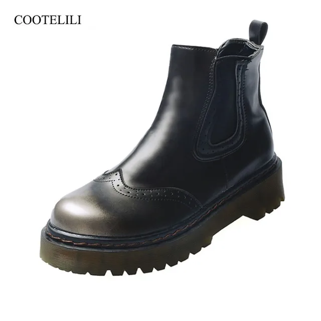 Best Offers COOTELILI Fashion Brogue Boots For Women Ladies Ankle Boots Slip On PU Leather Women Shoes Rubber Boots Women Basic Shoes 35-39