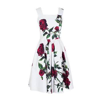 

Custom made Womens Retro rose Floral Print dress high-end flower pattern high waist Sleeveless Spaghetti Strap Dresses Vestido