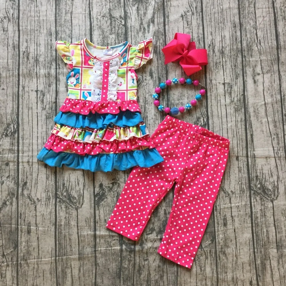 

new Easter design baby girls kids wear boutique clothes ruffles plaid cotton bunny hot pink blue polka dot with match ccessories