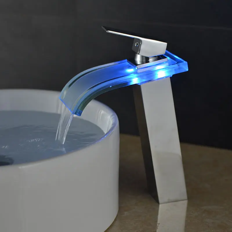 

Free shipping 28cm Height Brushed Nickel Bathroom LED Tall Faucet Vessel Waterfall One Handle/hole deck mounted