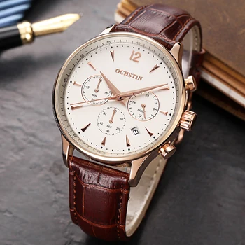 

OCHSTIN Fashion Casual Watches Men Chronograph Sub-dial Waterproof Sports Leather Men Wristwatch Male Quartz Watch 2018 Classic