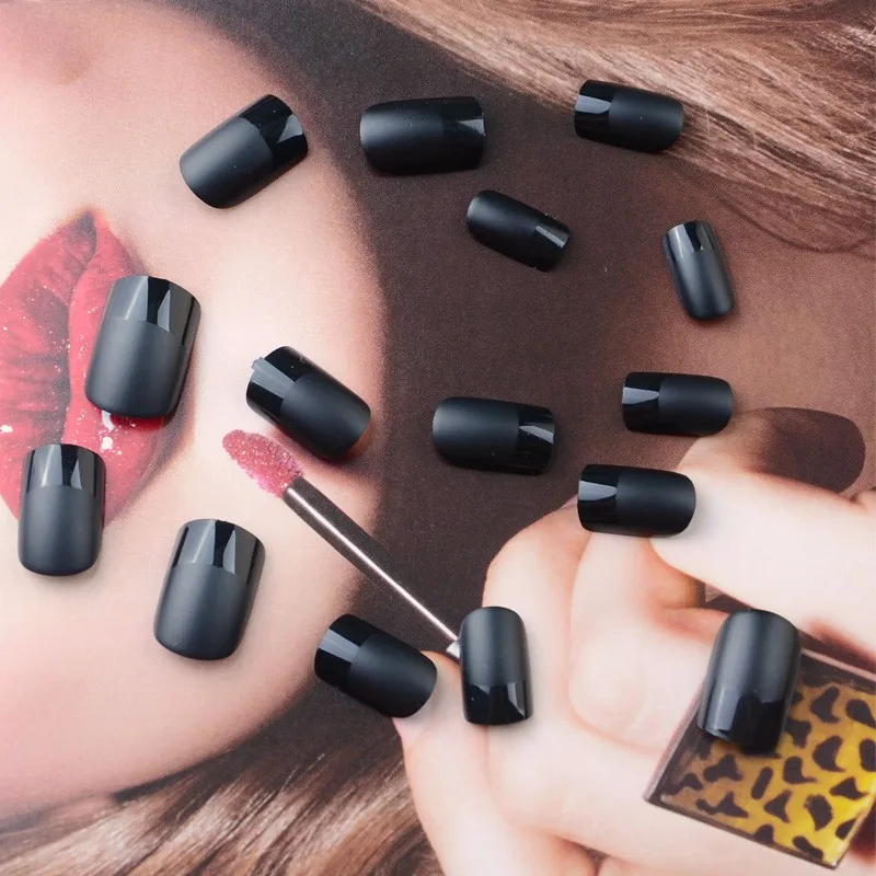 Mulheres do Projeto da Arte Dicas da Arte do Unha Unhas Arylic Falsas Faça Você Mesmo Decoração Atacado Postizas Unha Cobertura Completa Preto Cor 24 Pcs Abs 5 Unhas postiças