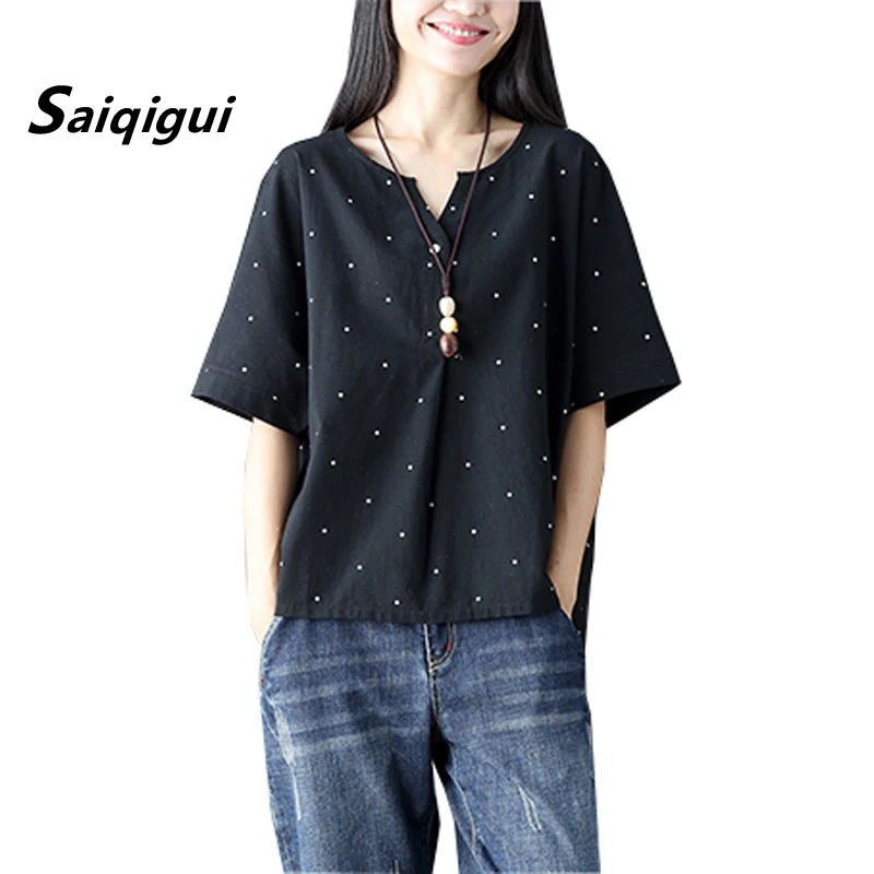 

Saiqigui 2019 new fashion Polka Dot oversize slim summer Women T Shirt Casual loose Linen T-shirt V-neck Short Sleeve tops