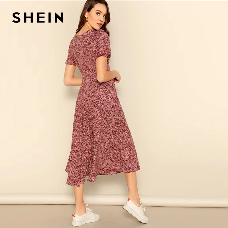 Женское платье с v образным вырезом SHEIN бордовое ТРАПЕЦИЕВИДНОЕ ПЛАТЬЕ С