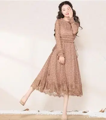 

2019 Autumn New Women Dresses Mid Calf Lace Long Dress O-neck Slim Petal Sleeve Dress