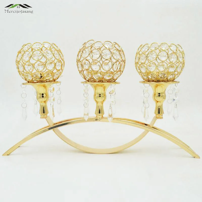 

Metal Gold/Silver Candle Holders 3-Arms With Crystals 41CMx25CM Stand Pillar Candlestick For Wedding Portavelas Candelabra 03001