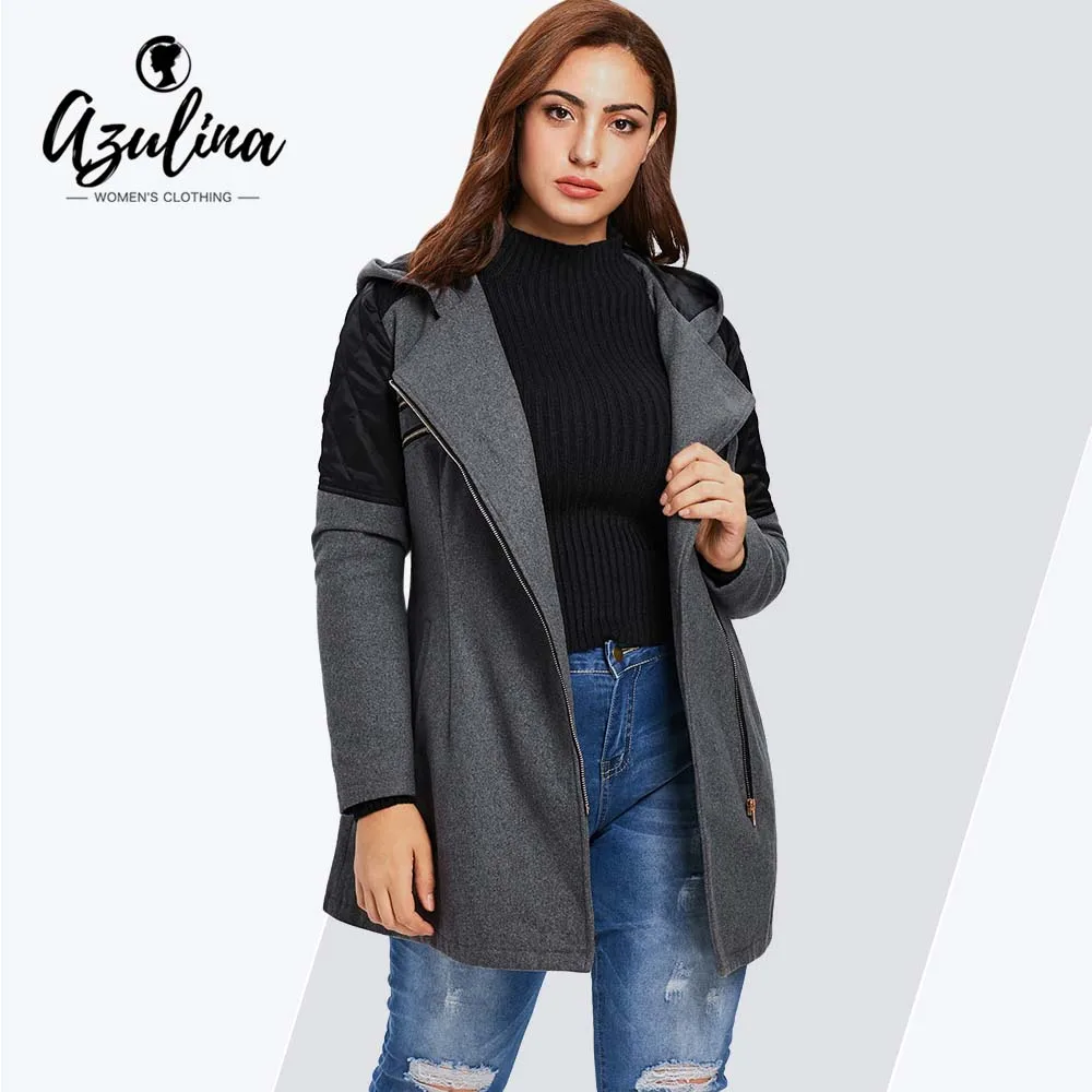 

ROSEGAL Plus Size Contrast Zippered Woollen Coat Women Outerwear Winter Hooded Long Sleeve Patchwork Coats Overcoat 2018 Outwear