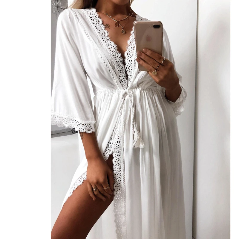 Missufe, сексуальные, с разрезом, повседневные, свободные, Boho платья,, Vestidos, женское кружевное платье, открытая строчка, эластичная талия, летнее, длинное платье