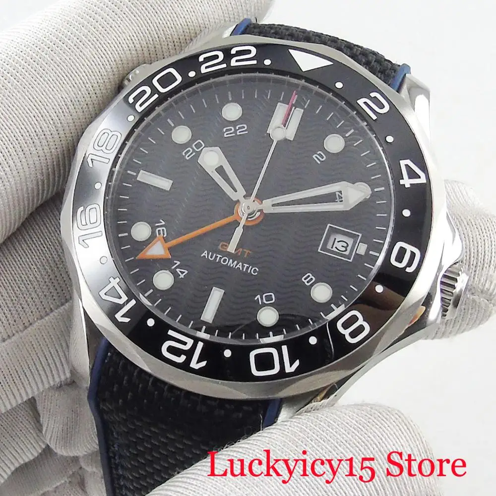 

Nologo 41mm GMT Mechanical Men's Watch Sterile Dial With Date Window Wristwatch Rotating Bezel Sapphire Glass Rubber Strap