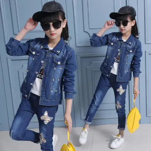 

Kids Clothing Girls Cowboy Suit Spring Autumn Children Girls Denim Jacket +Pants 2Pcs set School Childr 4-13 Age Clothes Outfits