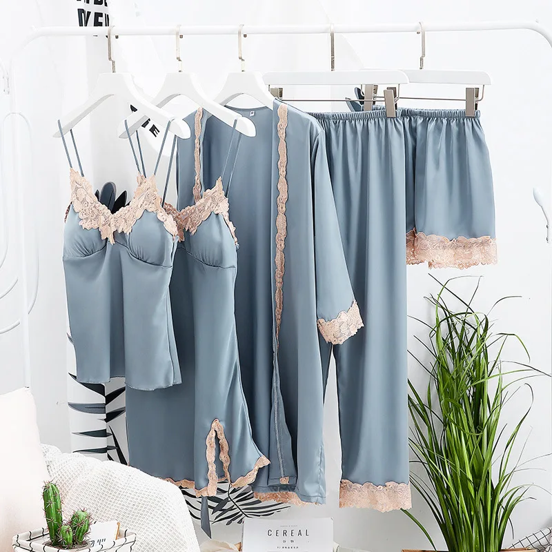 

4 Piece Sexy Pajamas Set Women Faux Silk Dressing Gown Lace Sling Shorts Summer Robe Sleepwear With Chest Pads