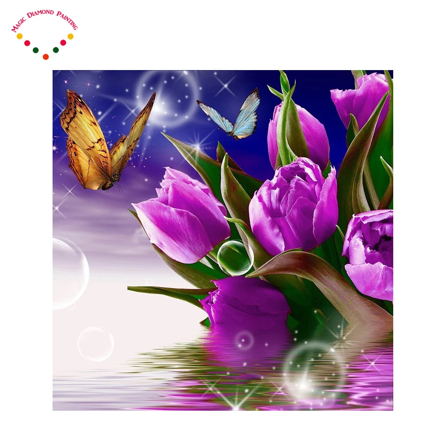 Diamante Ricamo Colorato Rosa Rosa DIY Farfalle e tulipani Pittura Diamante Della Resina di Disegno Del Fiore Del Rhinestone in Diamante Ricamo Colorato