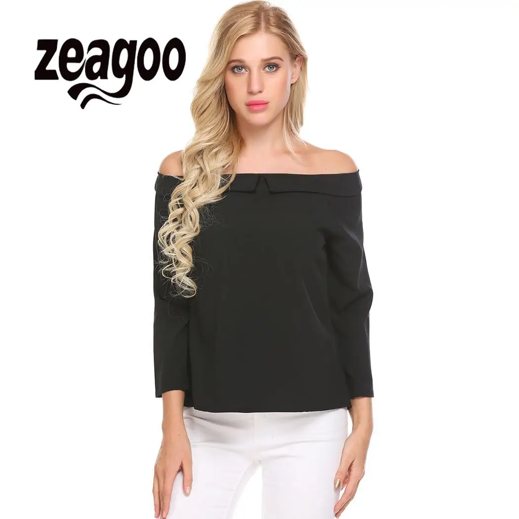 

None Top Off Shoulder 3/4 Sleeve Solid Casual Loose Fit Blouse Women