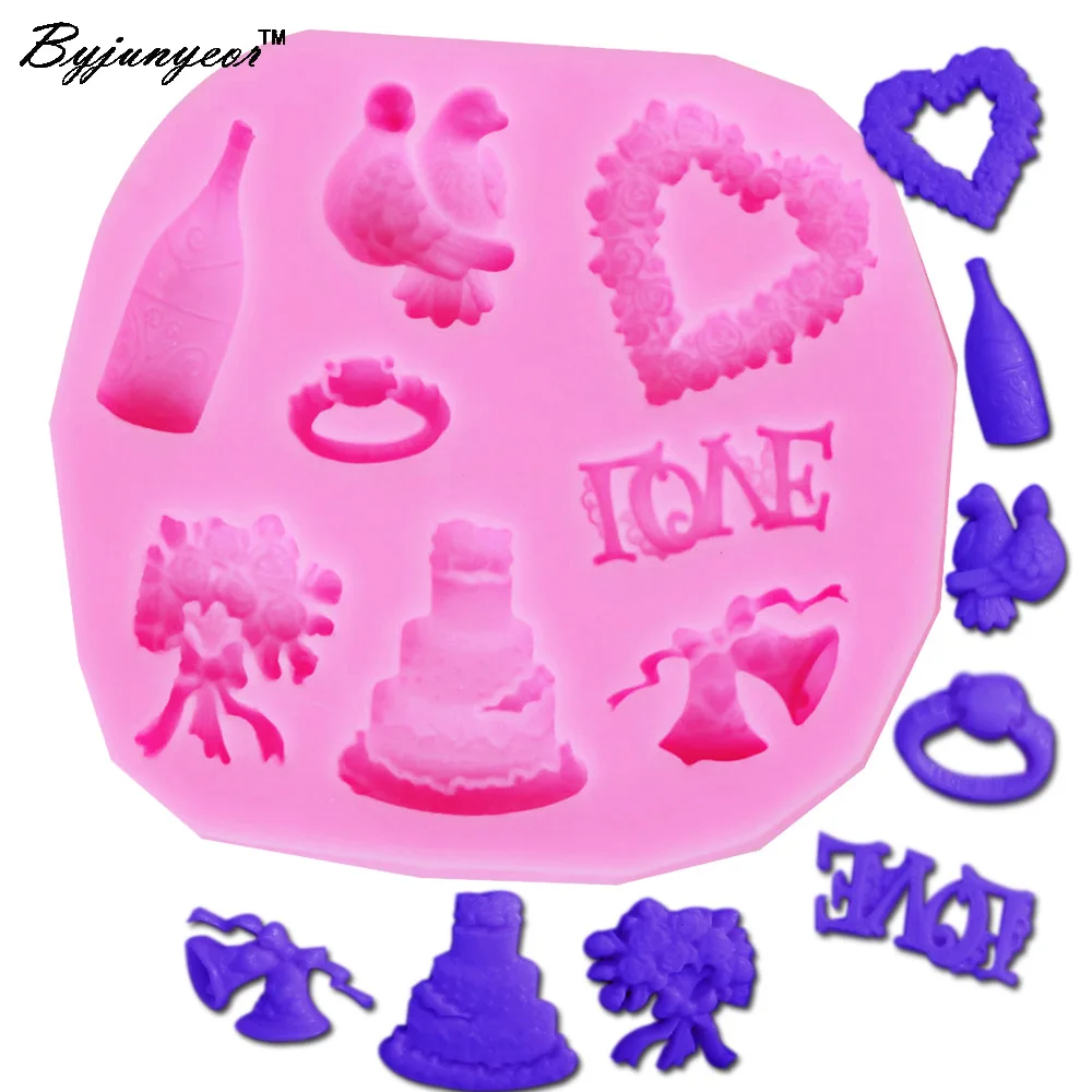 

Byjunyeor M072 Fimo clay decorative silicone mold resin wedding cake bell shape ring & Champagne peace dove heart Flower mold