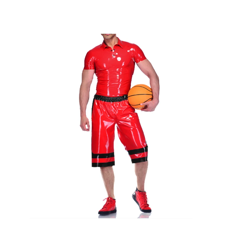 

Latex Uniform Men Black Red Short Slevees Top and Medium Long Shorts Suit 0.4mm Size XXS-XXL