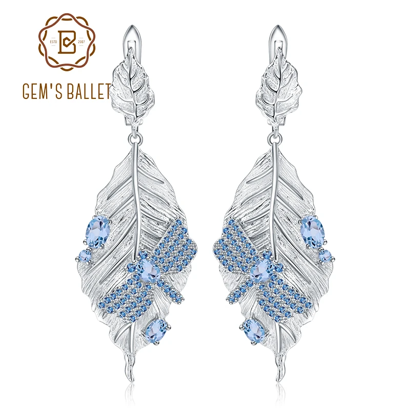 GEM'S BALLET, 1.57Ct, натуральный Швейцарский Голубой Топаз, серьги, настоящее 925 пробы, серебро, ручной работы, листья, стрекоза, висячие серьги для женщин