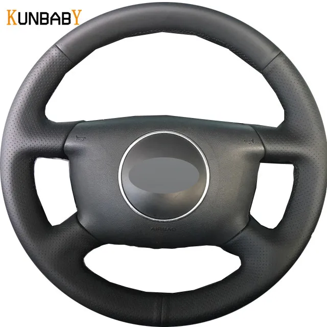 

KUNBABY Black Red Genuine Leather Car Steering Wheel Cover for Audi A6 2000-2004 Audi A3 2000-2003 A4 B6 2002