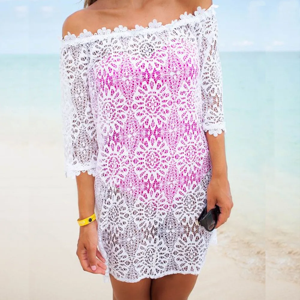 

2019 Crochet Solid Hollow Out Bikini Cover Up Summer Swimwear Kaftan Beach Dress Women Swimsuit Beach Pareo Beachwear Mujer Cape