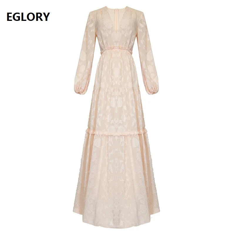 

Pink Long Dress 2019 Spring Fashion Wedding Party Longo Vestidos Women V-Neck Elegant Flower Pattern Long Sleeve Maxi Gown Dress