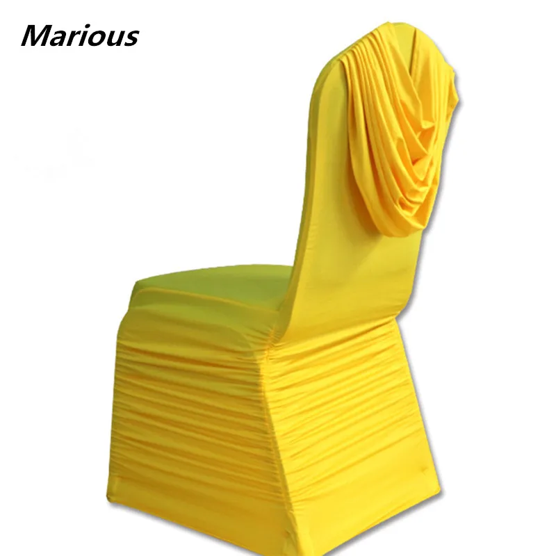 Elegant wholesale ruched chair covers with yellow bow drape in back