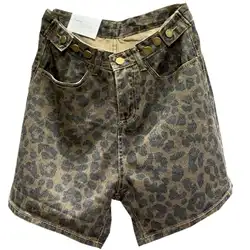 Винтажные леопардовые джинсовые шорты с высокой талией свободные Модные женские повседневные джинсовые шорты