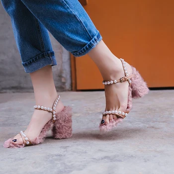

Luxury Sheep Fur Ladies High Heel Sandals Pearl Block Heeled Summer Shoes Comfy Women Sandals Pink 2019 New